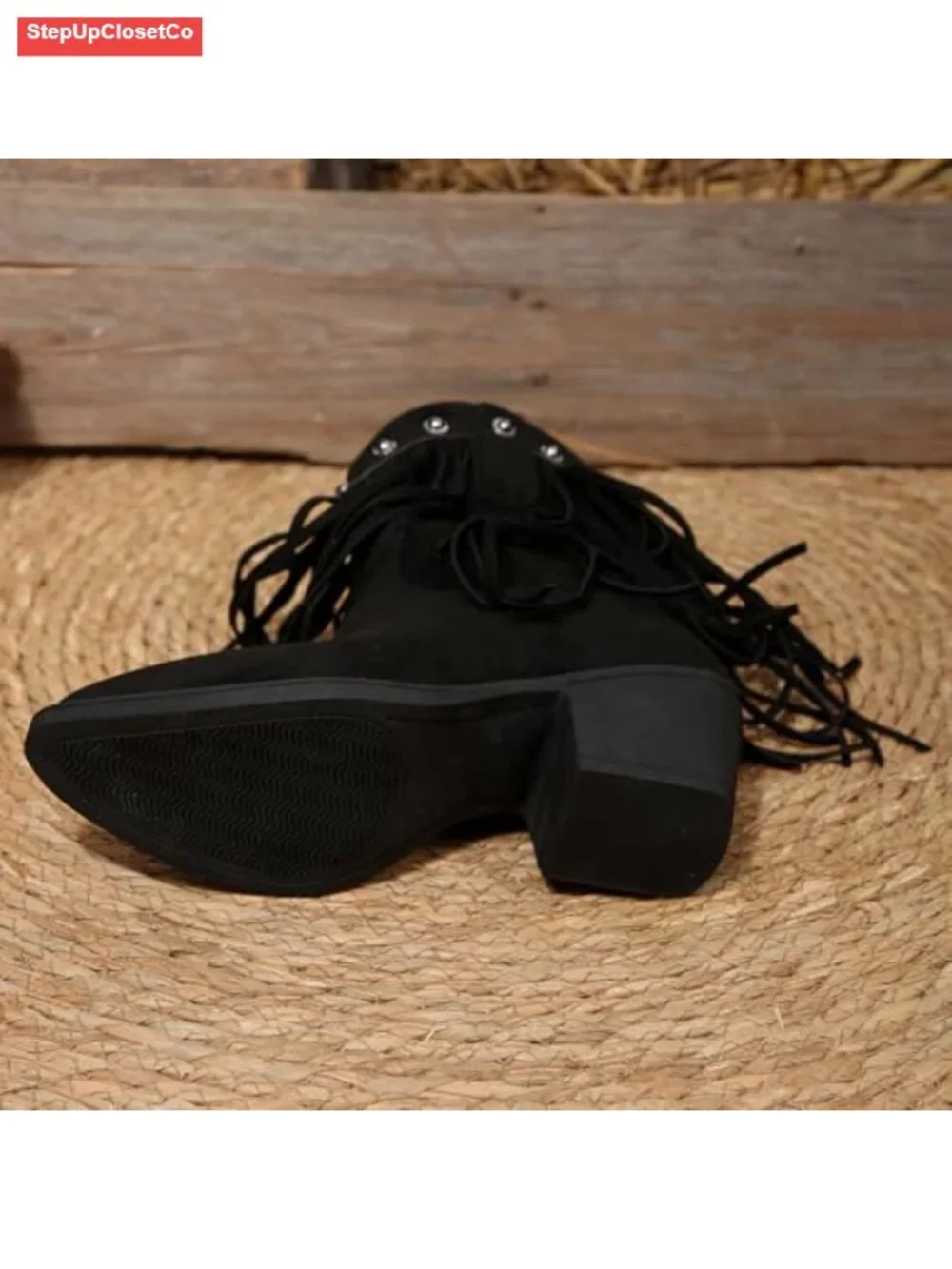 Suede Fringe Western Ankle Boots Women Studded Pointed Toe Chunky Heel Cowboy